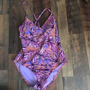 One piece swimsuit bathing suit orange pink lace up back floral print Size 10